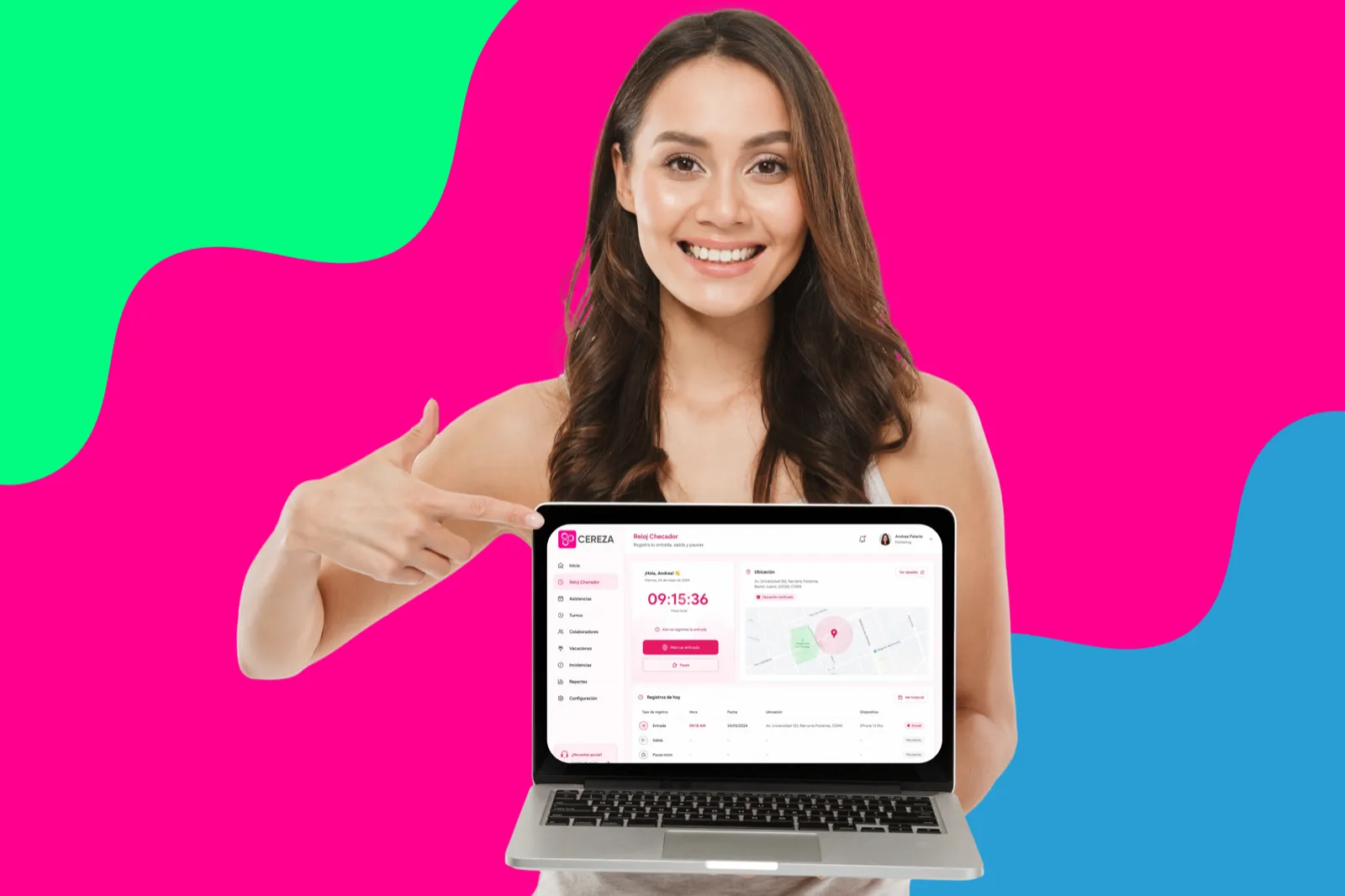 Reloj checador web en el portal de empleado Cereza Employee